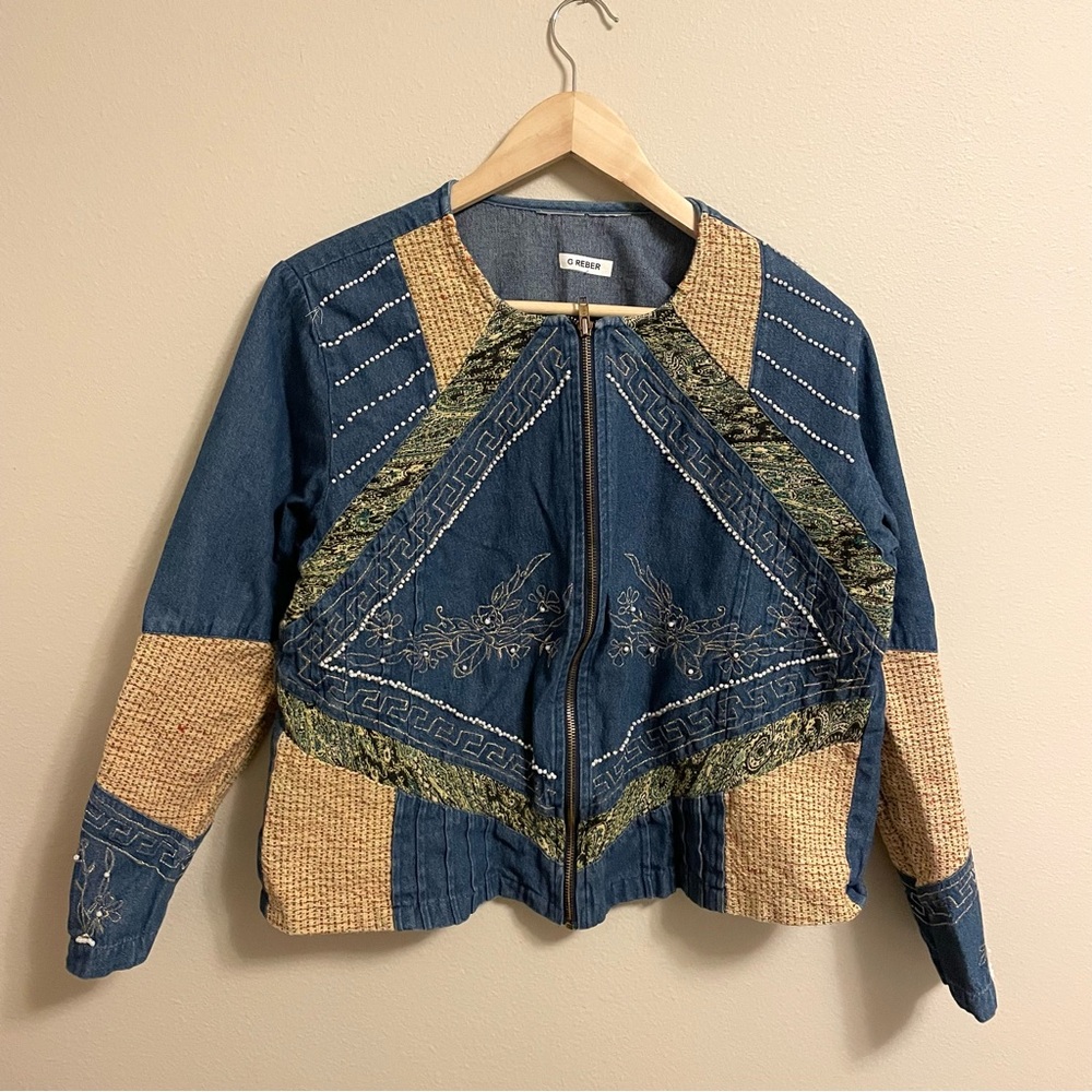 Blair Boutique - Blue Patchwork, Beaded, and Embroidered Jean Jacket - Size M
